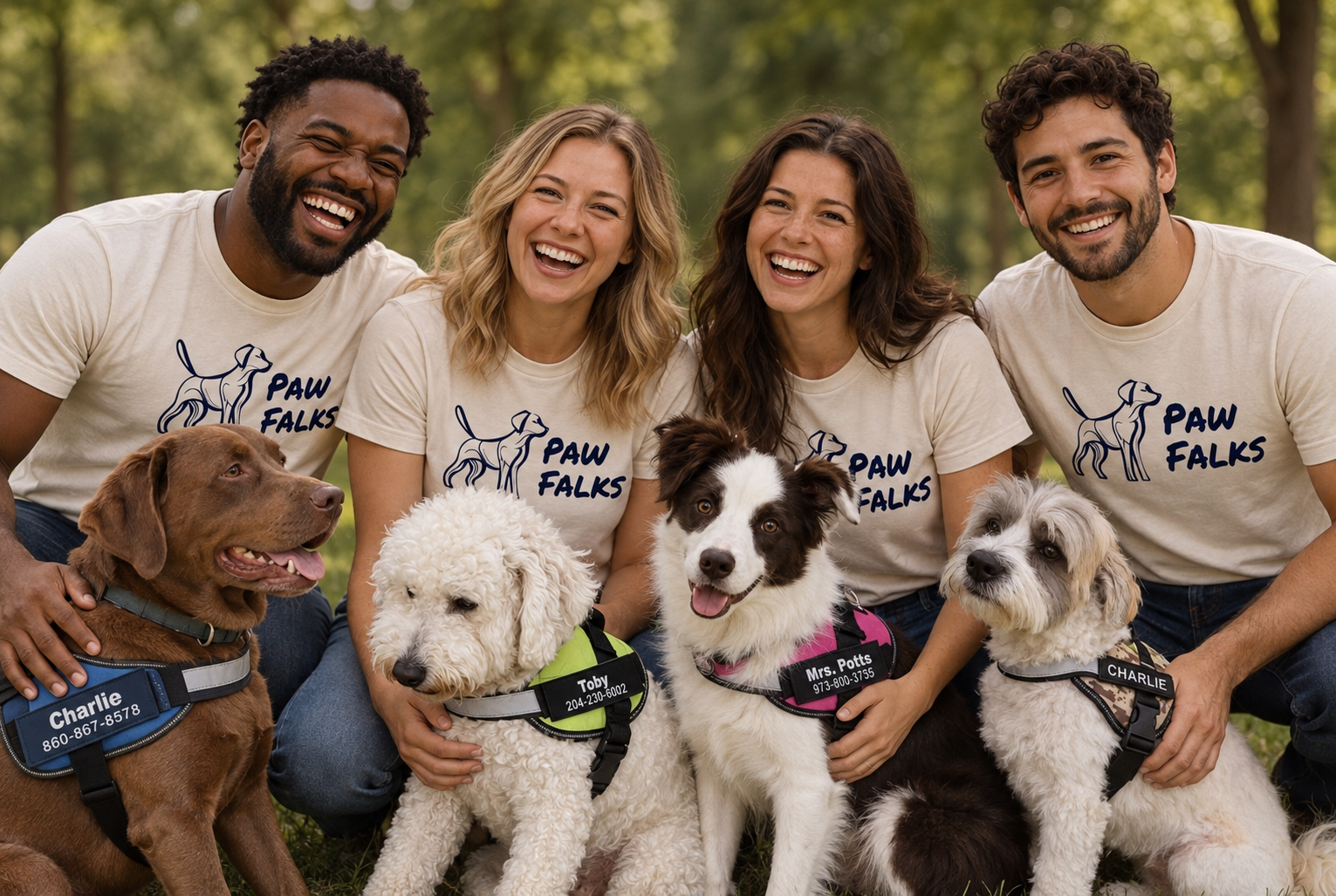 The Paw Falks dog walking team with their dogs wearing harnesses